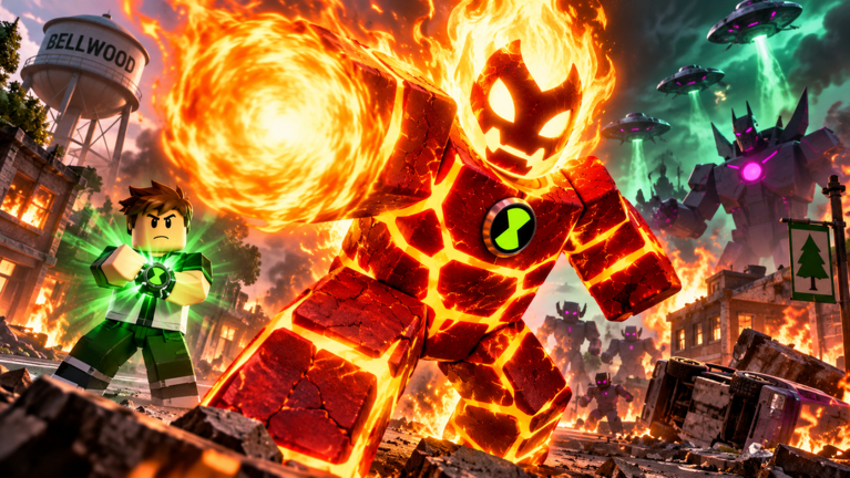 Omni Heroes key art: Heatblast blazing as a giant fire form over a burning Bellwood street while the hero faces a towering boss