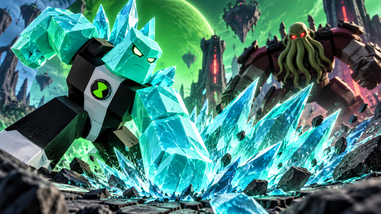 Omni Heroes key art: a crystal-skinned alien smashing through spiked crystals while a tentacled monster looms behind it