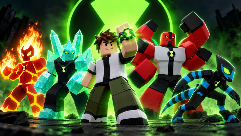 Omni Heroes roster lineup: the Omnitrix hero standing between four alien forms - a magma brute, a crystal giant, a red four-armed fighter and a blue speedster - under a giant glowing Omnitrix symbol.